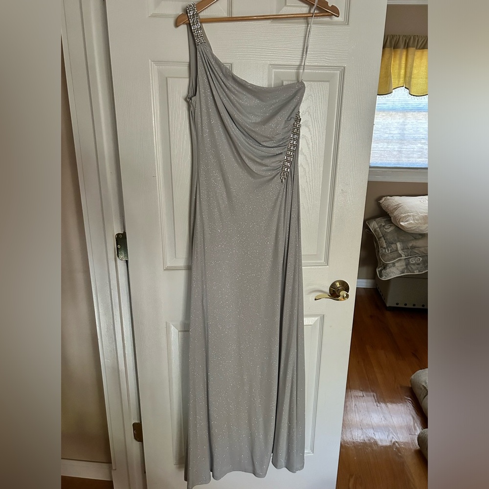 Calvin Klein, one shoulder, silver sparkly floor length gown